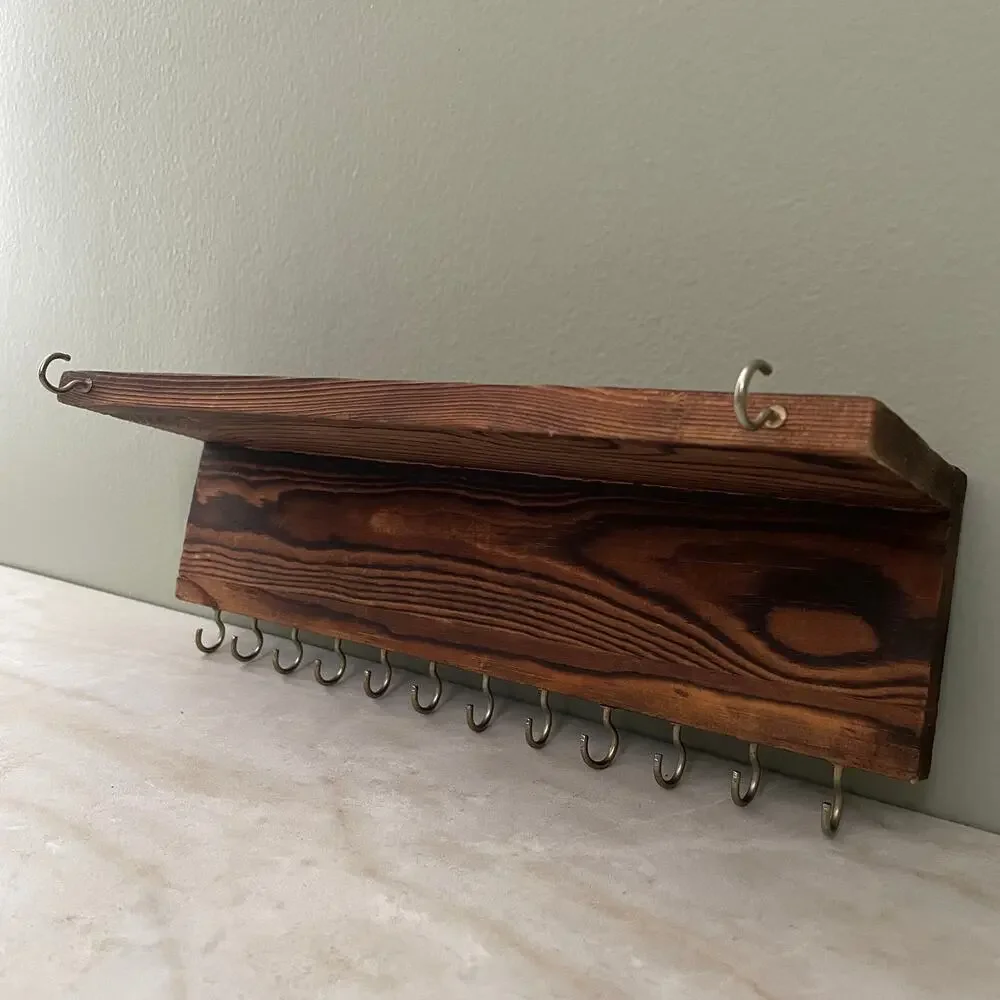 Vintage Wall Shelf with 14 Hooks - Entryway Key Jewelry Organizer